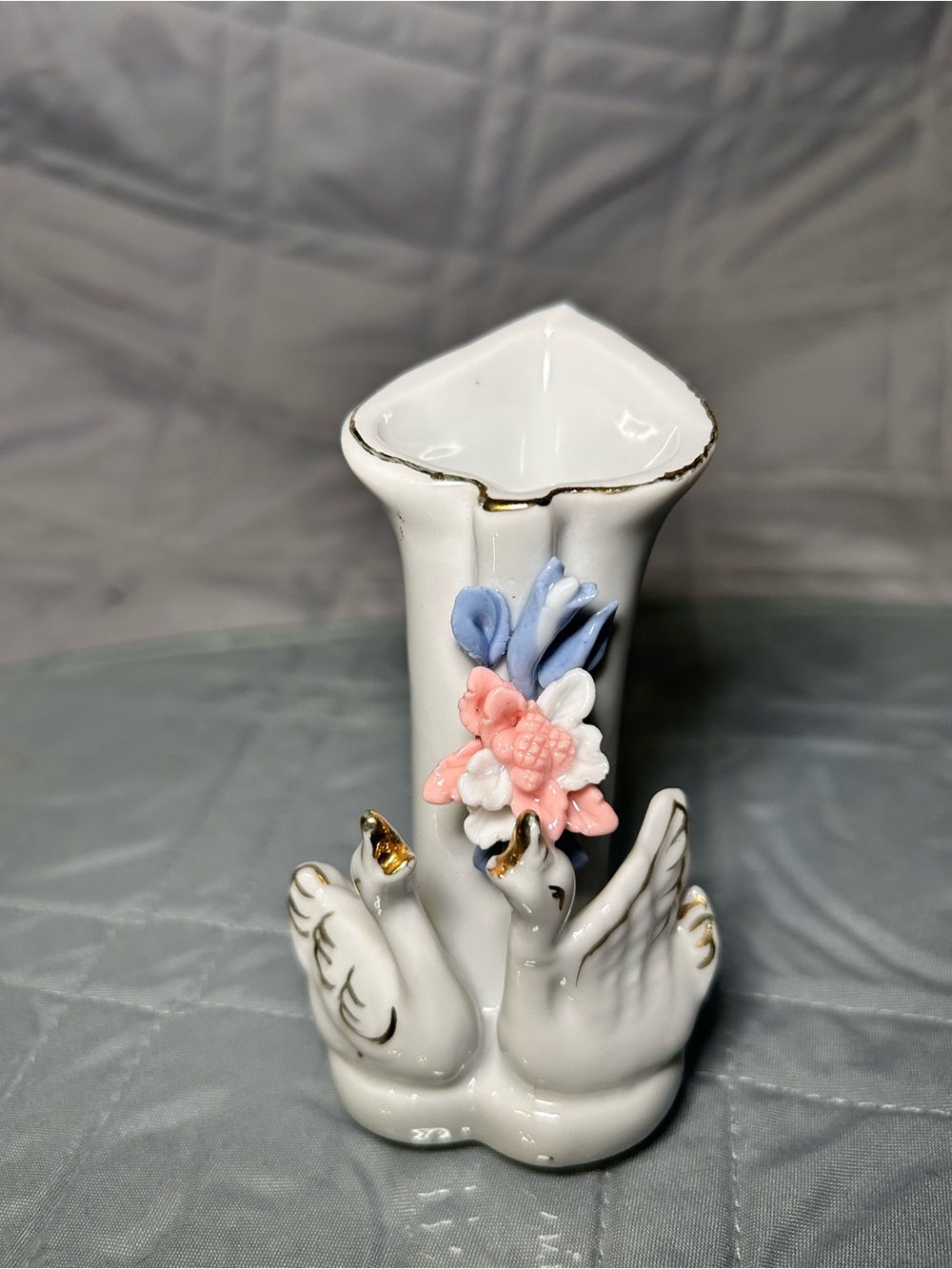 Vintage Porcelain Swan Bud Vase with Pink & Blue Floral Accents